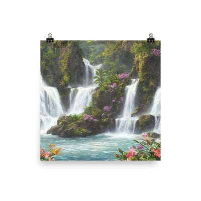 Wasserfall im Wald und Blumen - Schöne Malerei - Poster camping xxx 25.4 x 25.4 cm