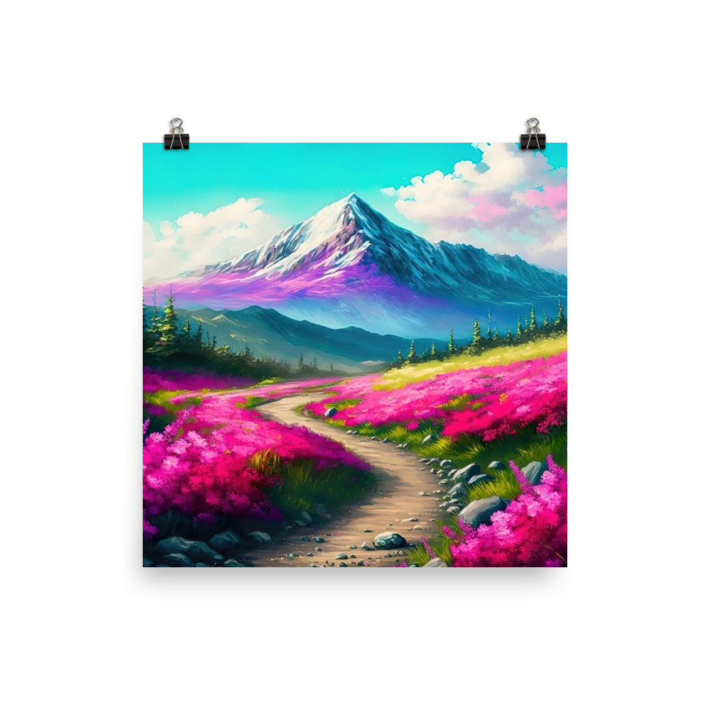 Berg, pinke Blumen und Wanderweg - Landschaftsmalerei - Poster berge xxx 25.4 x 25.4 cm