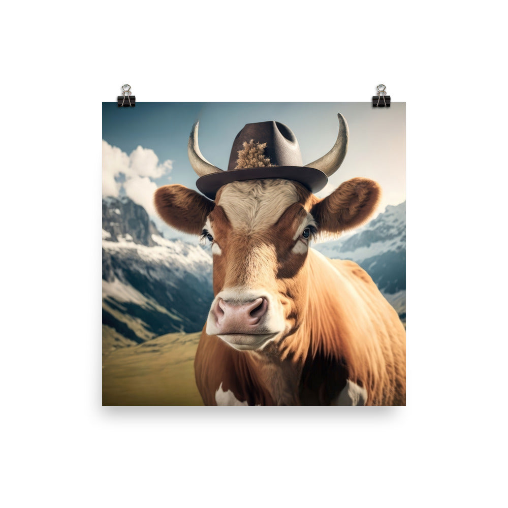 Kuh mit Hut in den Alpen - Berge im Hintergrund - Landschaftsmalerei - Poster berge xxx 25.4 x 25.4 cm