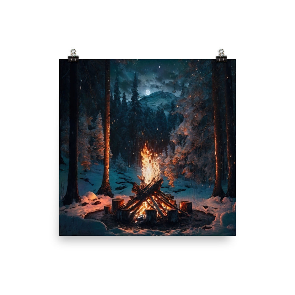 Lagerfeuer beim Camping - Wald mit Schneebedeckten Bäumen - Malerei - Poster camping xxx 25.4 x 25.4 cm