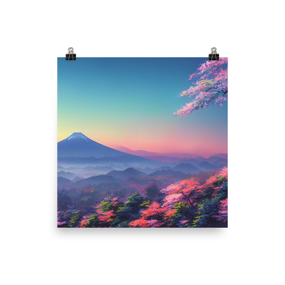 Berg und Wald mit pinken Bäumen - Landschaftsmalerei - Poster berge xxx 25.4 x 25.4 cm