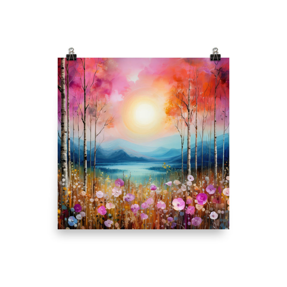 Berge, See, pinke Bäume und Blumen - Malerei - Poster berge xxx 25.4 x 25.4 cm