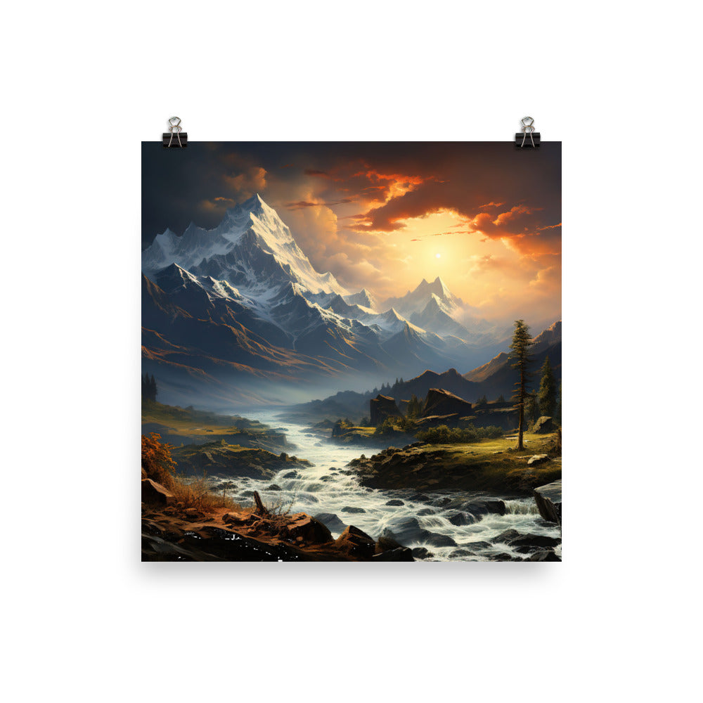 Berge, Sonne, steiniger Bach und Wolken - Epische Stimmung - Poster berge xxx 25.4 x 25.4 cm
