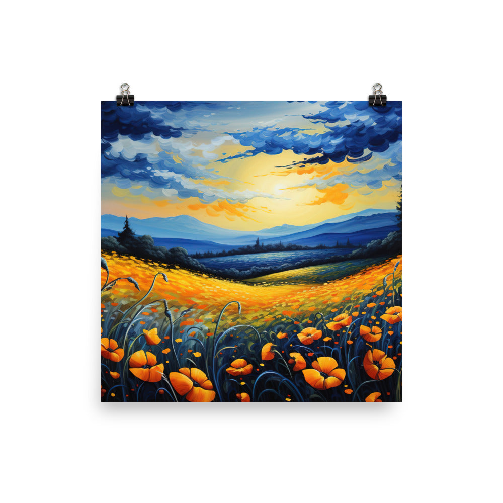 Berglandschaft mit schönen gelben Blumen - Landschaftsmalerei - Poster berge xxx 25.4 x 25.4 cm