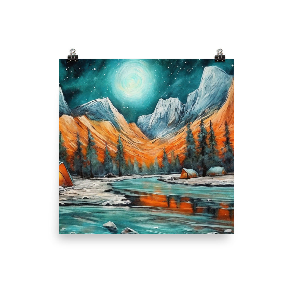 Berglandschaft und Zelte - Nachtstimmung - Landschaftsmalerei - Poster camping xxx 25.4 x 25.4 cm