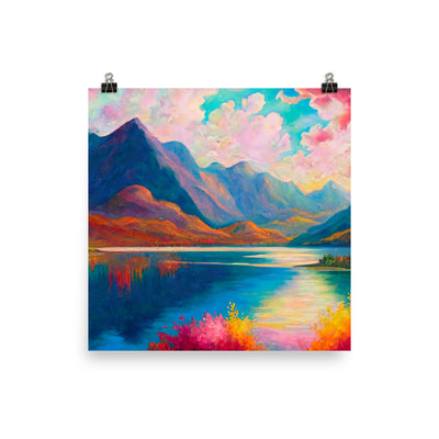 Berglandschaft und Bergsee - Farbige Ölmalerei - Poster berge xxx 25.4 x 25.4 cm