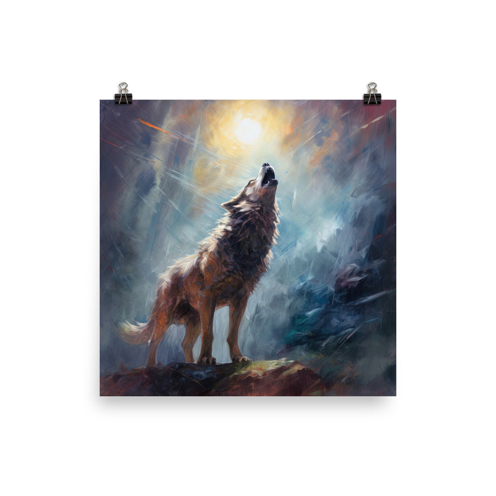 Heulender Wolf auf Berggipfel und Mond im Hintergrund – Abstrakte Malerei - Poster camping xxx 25.4 x 25.4 cm