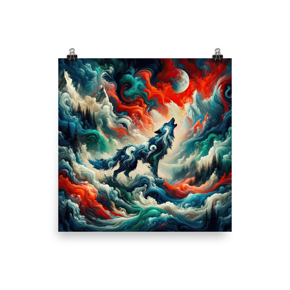 Abstrakte Kunst eines Wolfes in den Alpen mit Mustern aus eisigem Blau und Waldgrün verschmelzen mit feurigen Farben (AN) - Enhanced Matte xxx yyy zzz 25.4 x 25.4 cm