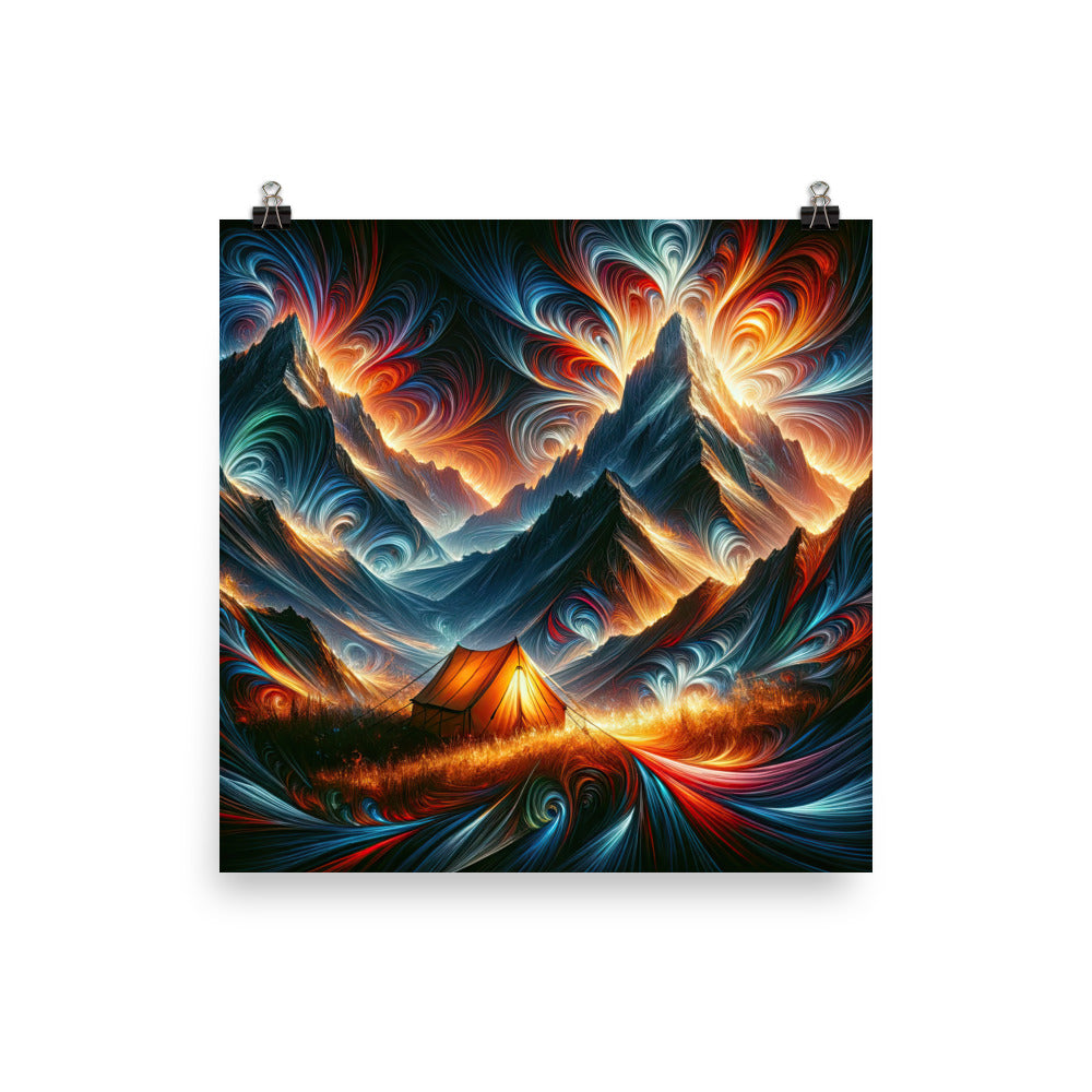 Abstrakte Kunst der Alpen, wo die Berge mit dynamischen Farben und Mustern pulsieren und eine Szene Energie schaffen - Enhanced Matte camping xxx yyy zzz 25.4 x 25.4 cm