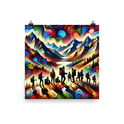 Abstraktes Kunstgemälde der Alpen voller lebendiger Muster. Ein vielfältiges Wanderteam, sowohl Männer als auch Frauen - Enhanced Matte wandern xxx yyy zzz 25.4 x 25.4 cm