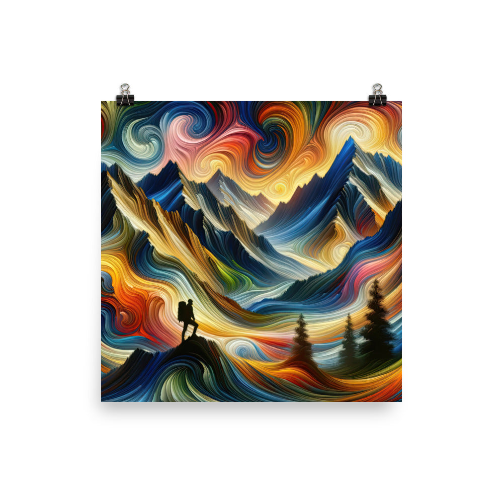 Abstraktes Kunstgemälde der Alpen mit wirbelnden, lebendigen Farben und dynamischen Mustern. Wanderer Silhouette - Enhanced Matte Paper wandern xxx yyy zzz 25.4 x 25.4 cm