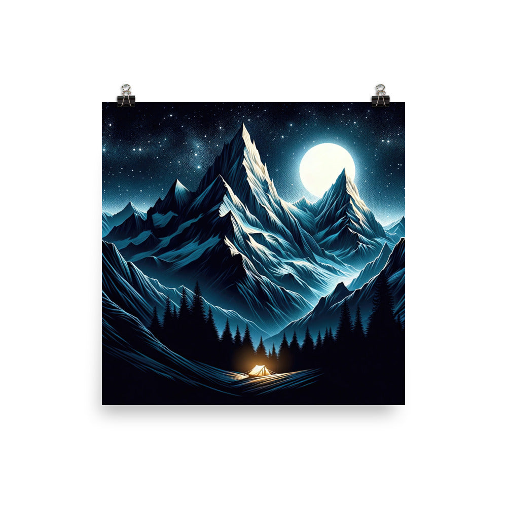 Alpennacht mit Zelt: Mondglanz auf Gipfeln und Tälern, sternenklarer Himmel - Poster berge xxx yyy zzz 25.4 x 25.4 cm
