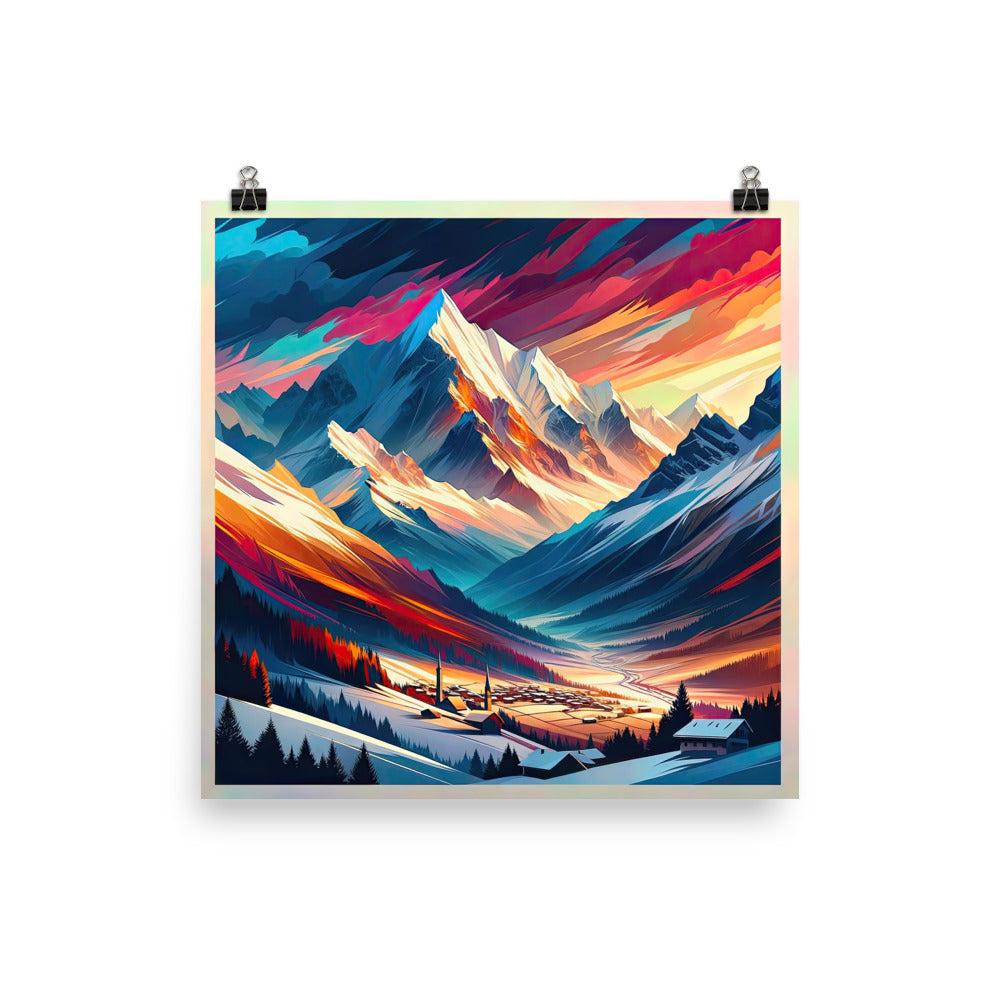 Moderne geometrische Alpen Kunst: Warmer Sonnenuntergangs Schein auf Schneegipfeln - Poster berge xxx yyy zzz 25.4 x 25.4 cm