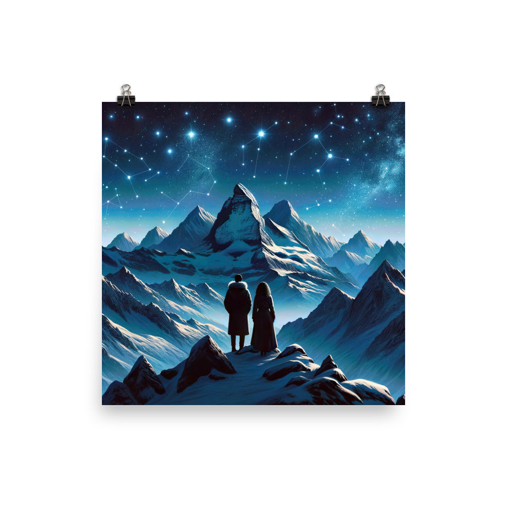 Alpenwinternacht: Digitale Kunst mit Wanderern in Bergen und Sternenhimmel - Poster wandern xxx yyy zzz 25.4 x 25.4 cm