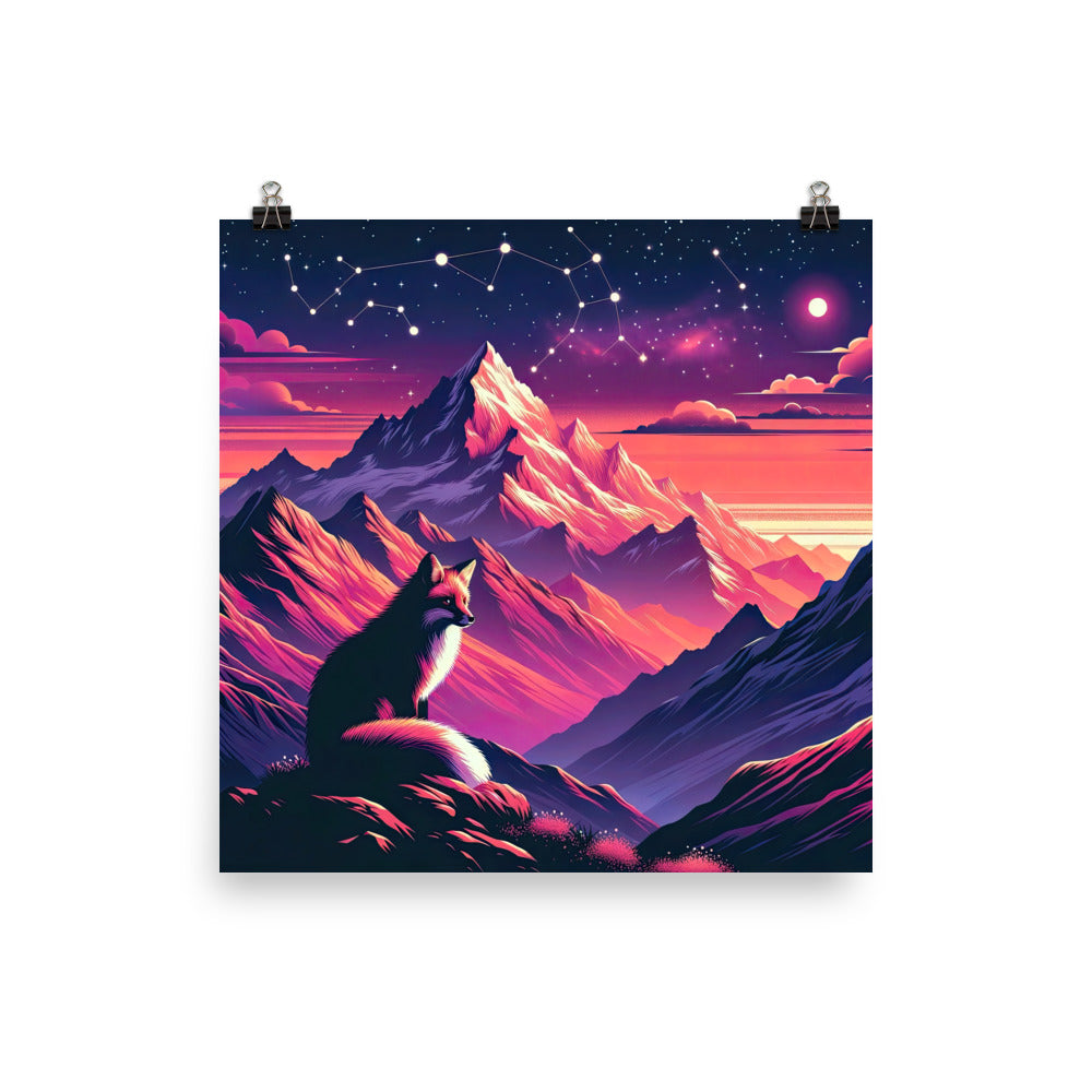 Fuchs im dramatischen Sonnenuntergang: Digitale Bergillustration in Abendfarben - Poster camping xxx yyy zzz 25.4 x 25.4 cm