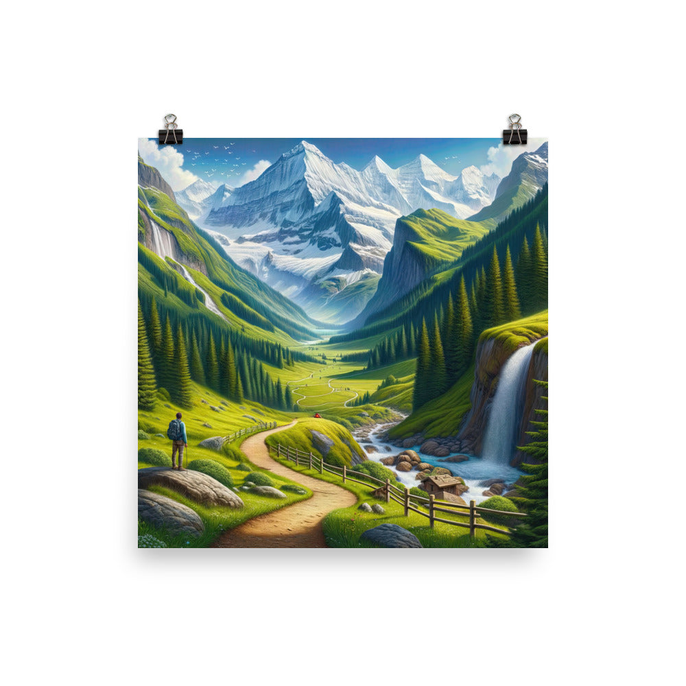 Wanderer in den Bergen und Wald: Digitale Malerei mit grünen kurvenreichen Pfaden - Poster wandern xxx yyy zzz 25.4 x 25.4 cm