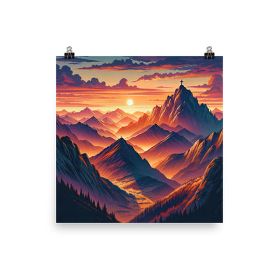 Dramatischer Alpen-Sonnenuntergang, Gipfelkreuz in Orange-Rosa - Poster berge xxx yyy zzz 25.4 x 25.4 cm