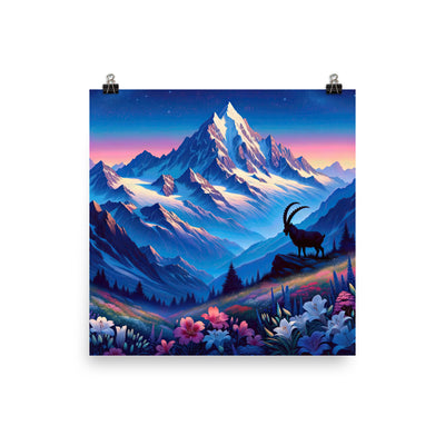 Steinbock bei Dämmerung in den Alpen, sonnengeküsste Schneegipfel - Poster berge xxx yyy zzz 25.4 x 25.4 cm