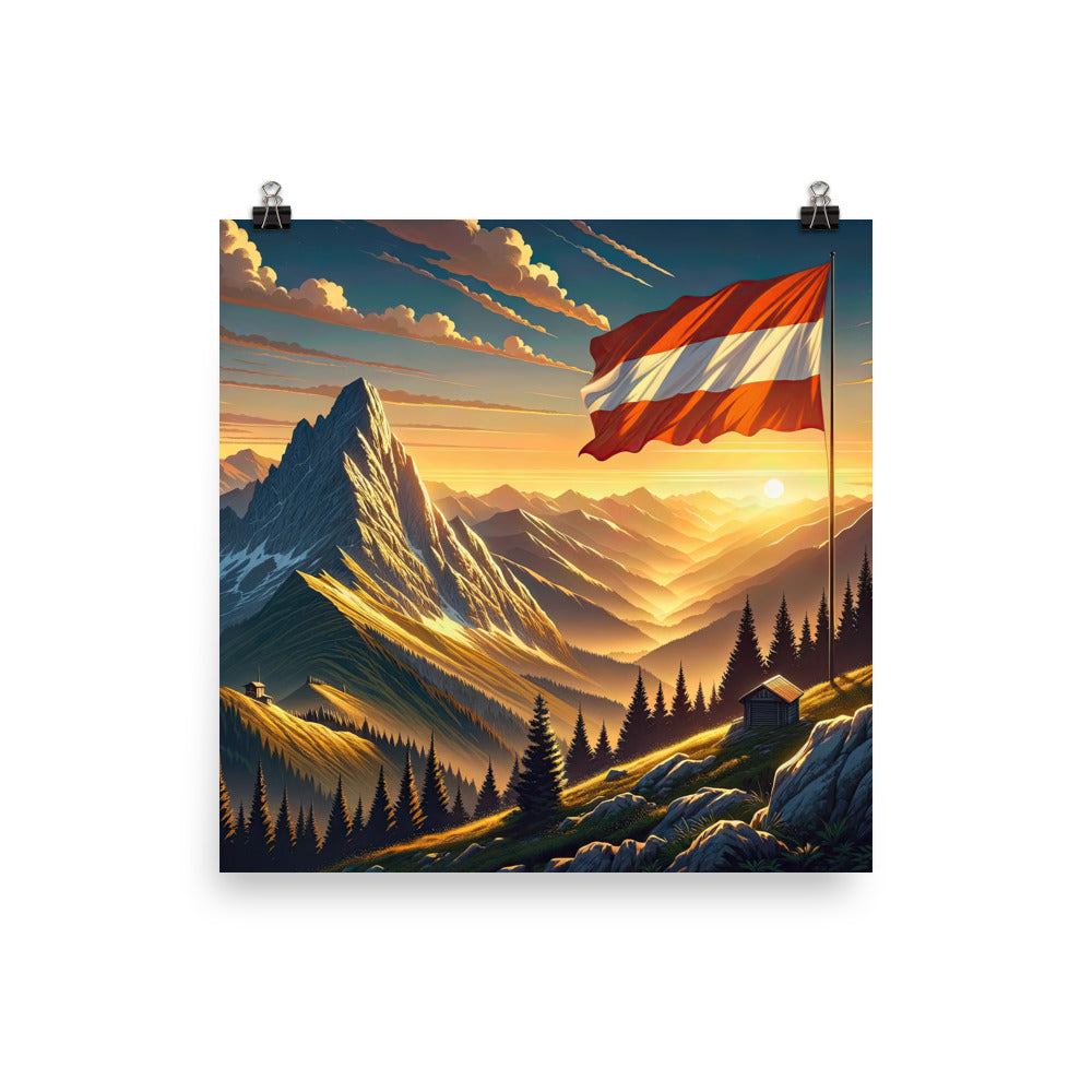 Ruhiger Alpenabend mit österreichischer Flagge und goldenem Sonnenuntergang - Poster berge xxx yyy zzz 25.4 x 25.4 cm