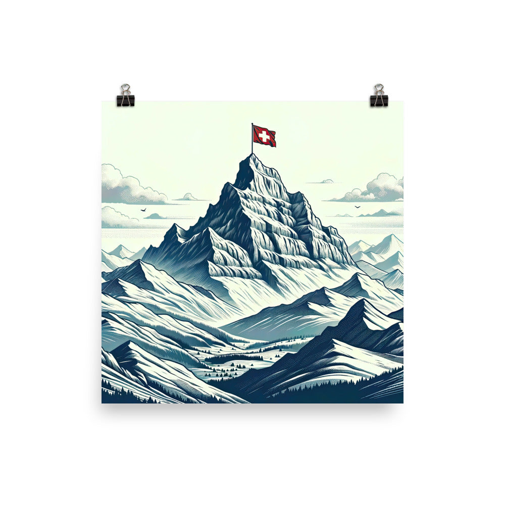 Ausgedehnte Bergkette mit dominierendem Gipfel und wehender Schweizer Flagge - Poster berge xxx yyy zzz 25.4 x 25.4 cm