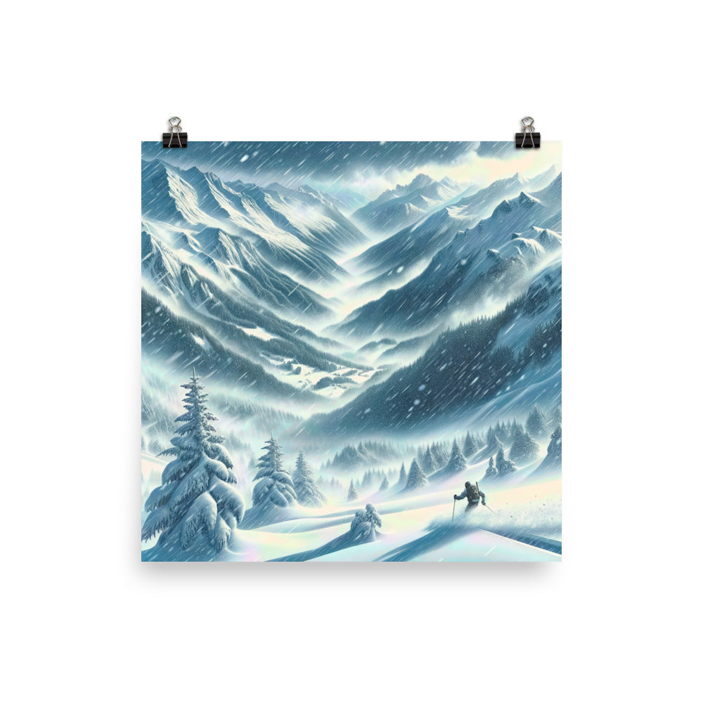 Alpine Wildnis im Wintersturm mit Skifahrer, verschneite Landschaft - Poster klettern ski xxx yyy zzz 25.4 x 25.4 cm