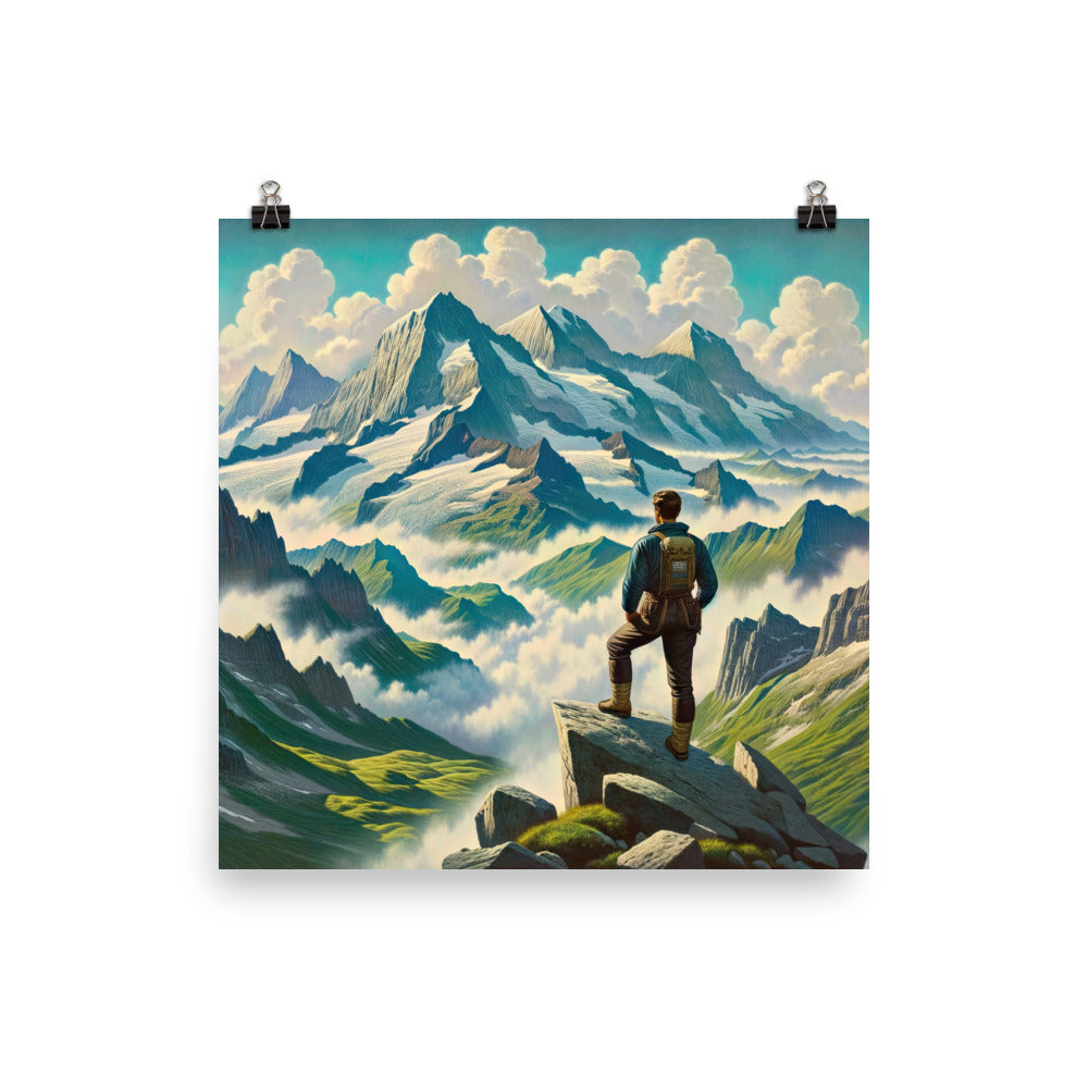 Panoramablick der Alpen mit Wanderer auf einem Hügel und schroffen Gipfeln - Poster wandern xxx yyy zzz 25.4 x 25.4 cm