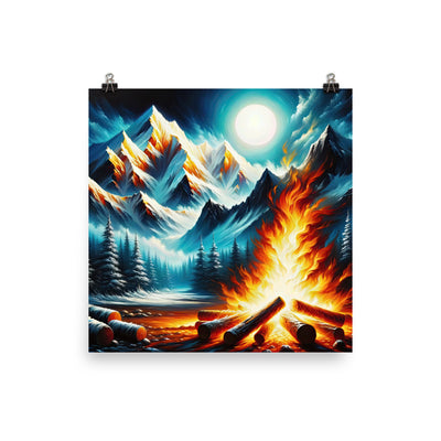 Ölgemälde von Feuer und Eis: Lagerfeuer und Alpen im Kontrast, warme Flammen - Poster camping xxx yyy zzz 25.4 x 25.4 cm