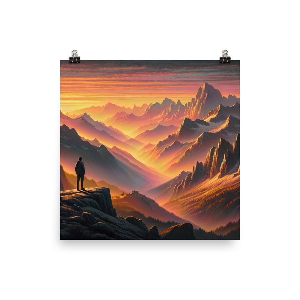 Ölgemälde der Alpen in der goldenen Stunde mit Wanderer, Orange-Rosa Bergpanorama - Poster wandern xxx yyy zzz 25.4 x 25.4 cm