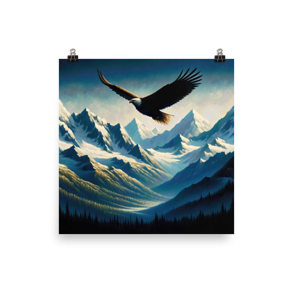 Ölgemälde eines Adlers vor schneebedeckten Bergsilhouetten - Poster berge xxx yyy zzz 25.4 x 25.4 cm