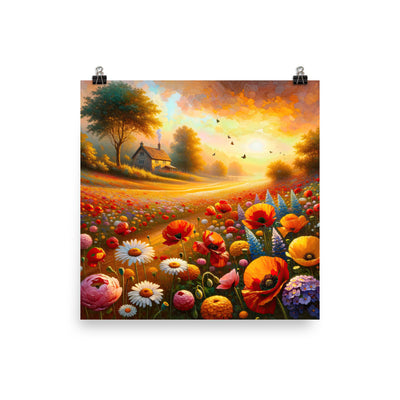 Ölgemälde eines Blumenfeldes im Sonnenuntergang, leuchtende Farbpalette - Poster camping xxx yyy zzz 25.4 x 25.4 cm