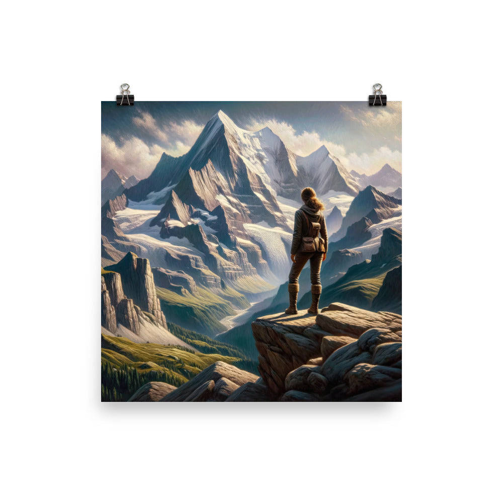 Ölgemälde der Alpengipfel mit Schweizer Abenteurerin auf Felsvorsprung - Poster wandern xxx yyy zzz 25.4 x 25.4 cm