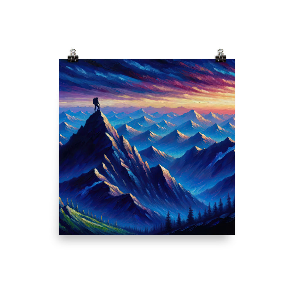 Ölgemälde eines ruhigen Alpenabends mit Bergsteigersilhouette auf dem Gipfel - Poster wandern xxx yyy zzz 25.4 x 25.4 cm