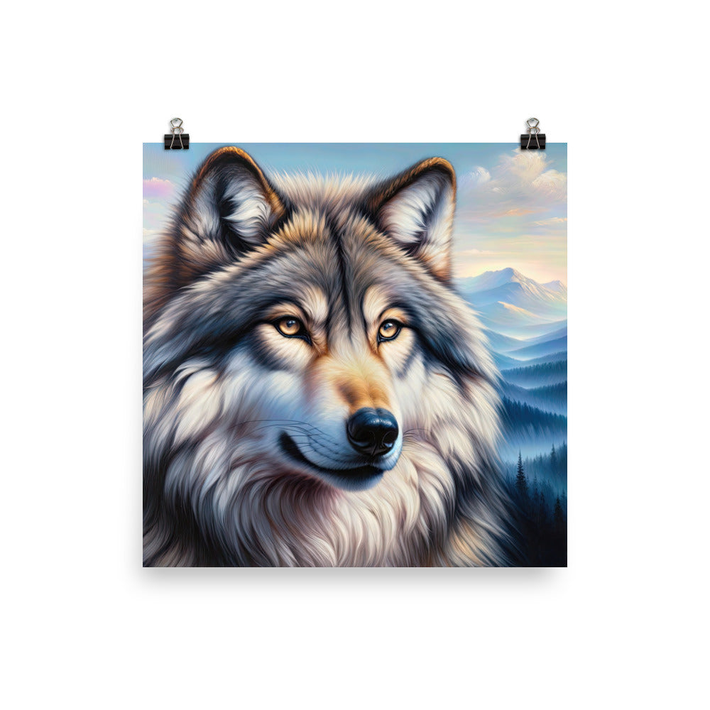 Ölgemäldeporträt eines majestätischen Wolfes mit intensiven Augen in der Berglandschaft (AN) - Poster xxx yyy zzz 25.4 x 25.4 cm