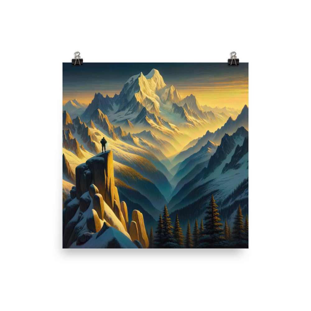 Ölgemälde eines Wanderers bei Morgendämmerung auf Alpengipfeln mit goldenem Sonnenlicht - Poster wandern xxx yyy zzz 25.4 x 25.4 cm