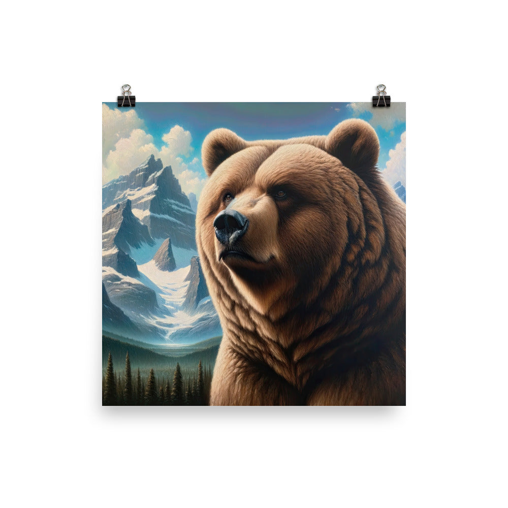 Realistisches Ölgemälde eines männlichen Bären in den Bergen mit Fokus auf Stärke und Schärfe - Poster camping xxx yyy zzz 25.4 x 25.4 cm