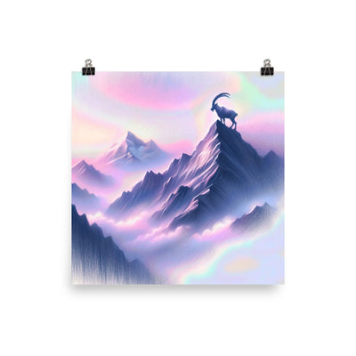 Pastellzeichnung der Alpen im Morgengrauen mit Steinbock in Rosa- und Lavendeltönen - Poster berge xxx yyy zzz 25.4 x 25.4 cm