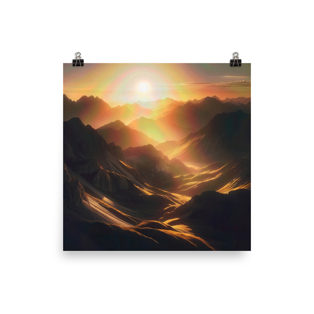 Foto der goldenen Stunde in den Bergen mit warmem Schein über zerklüftetem Gelände - Poster berge xxx yyy zzz 25.4 x 25.4 cm