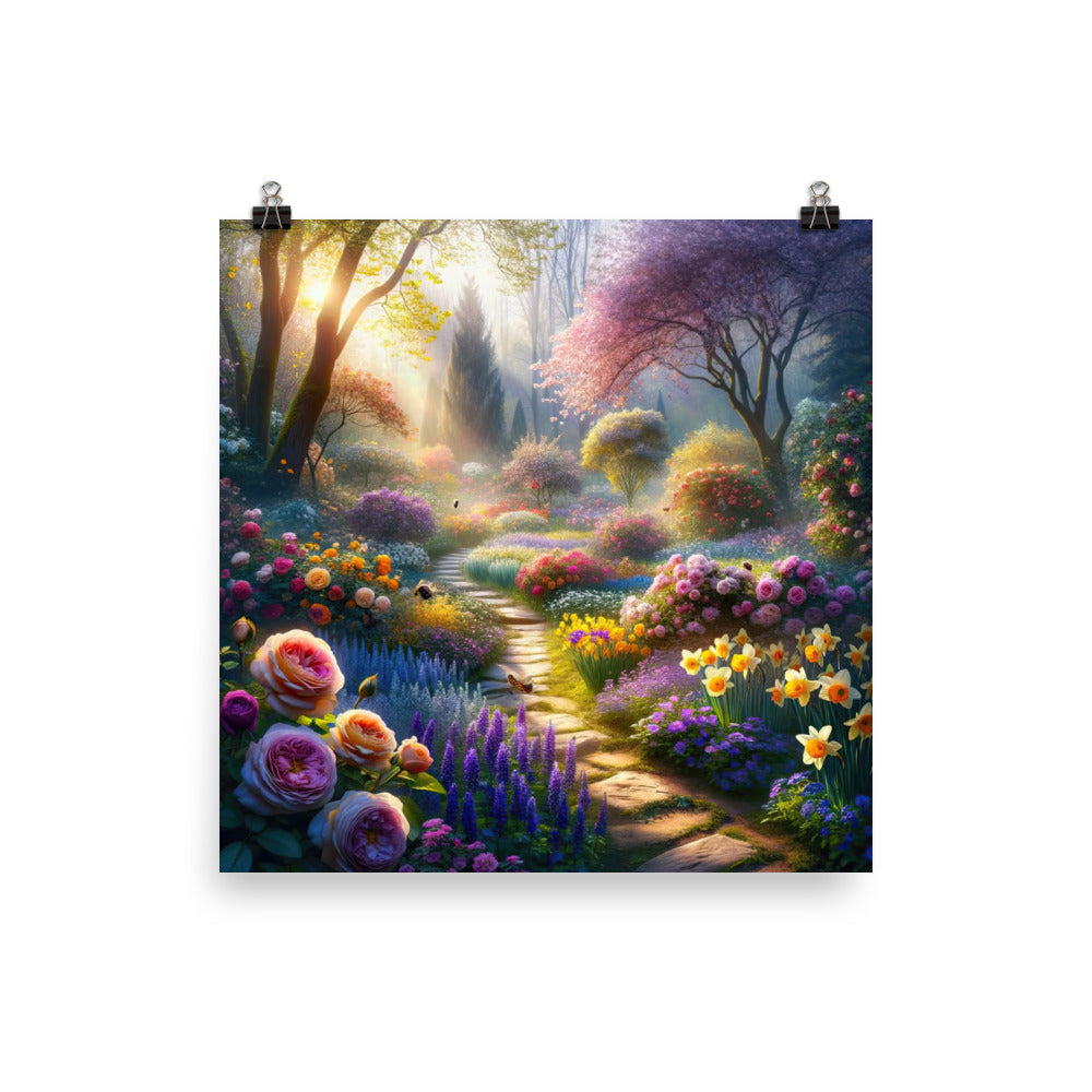 Foto einer Gartenszene im Frühling mit Weg durch blühende Rosen und Veilchen - Poster camping xxx yyy zzz 25.4 x 25.4 cm