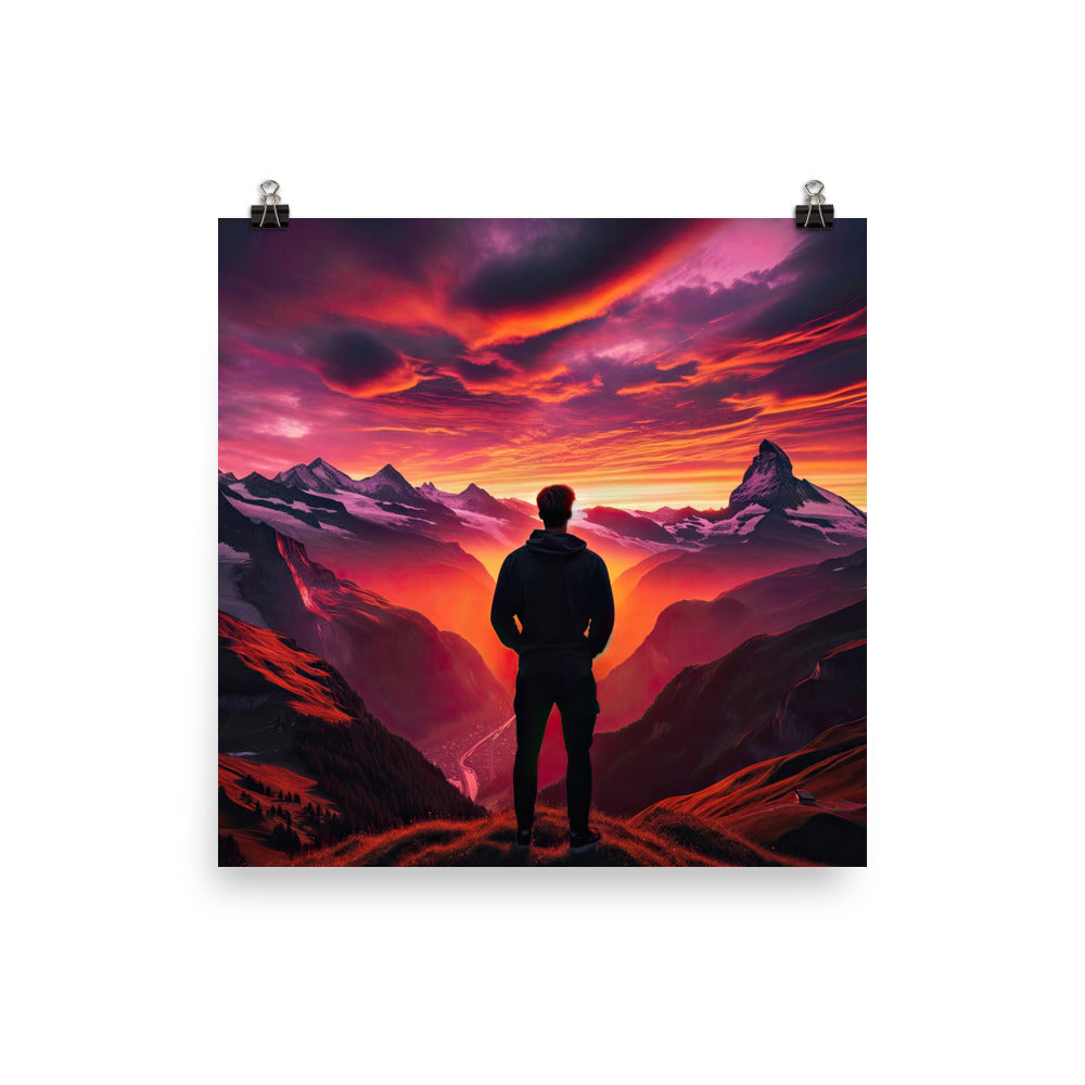 Foto der Schweizer Alpen im Sonnenuntergang, Himmel in surreal glänzenden Farbtönen - Poster wandern xxx yyy zzz 25.4 x 25.4 cm
