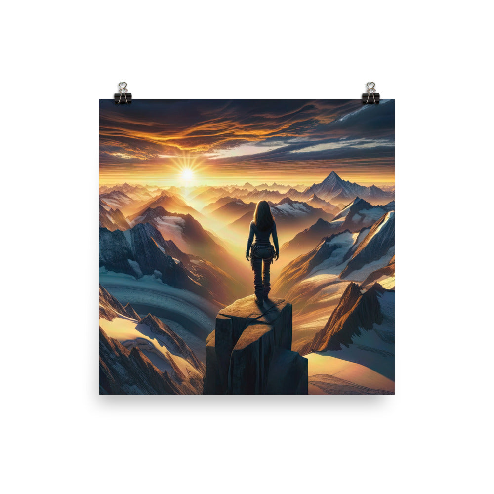 Fotorealistische Darstellung der Alpen bei Sonnenaufgang, Wanderin unter einem gold-purpurnen Himmel - Poster wandern xxx yyy zzz 25.4 x 25.4 cm