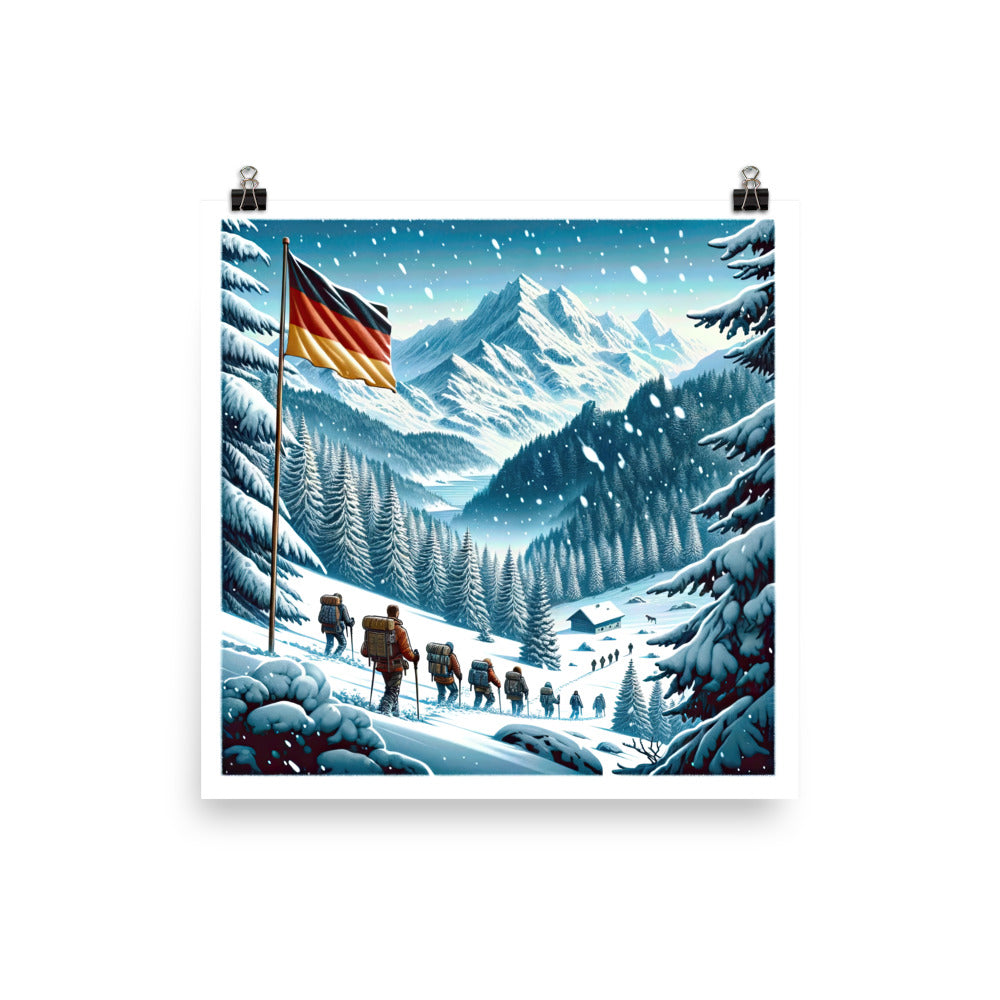 Quadratische Winterillustration der Alpen mit deutscher Flagge und Wanderteam - Poster wandern xxx yyy zzz 25.4 x 25.4 cm