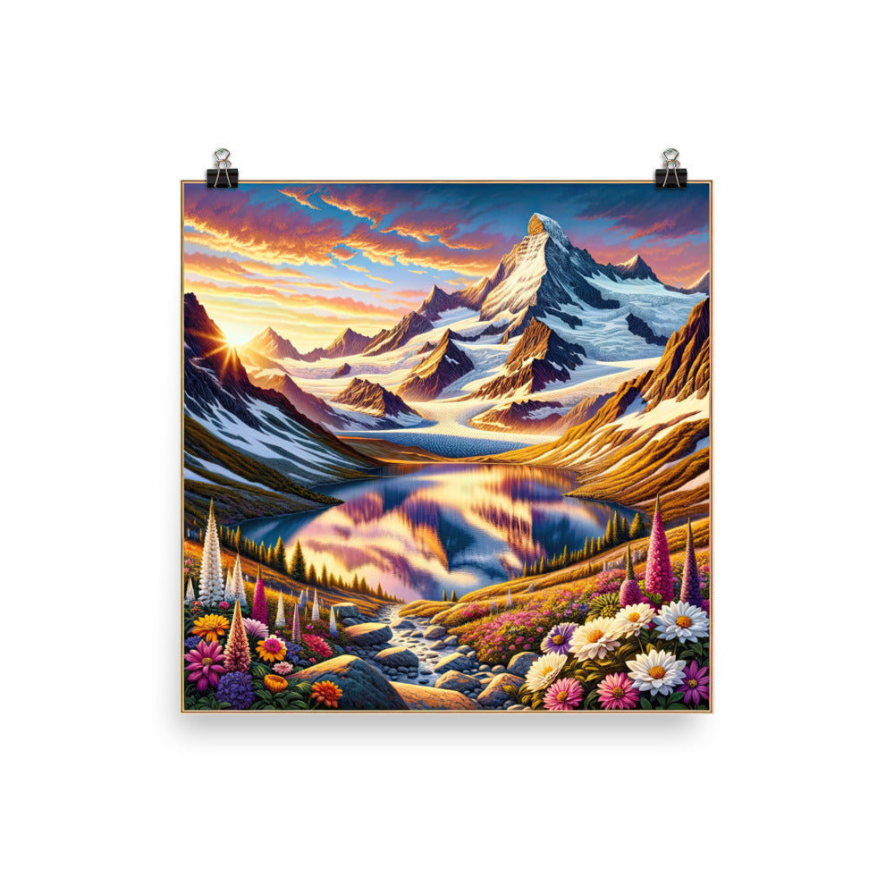 Quadratische Illustration der Alpen mit schneebedeckten Gipfeln und Wildblumen - Poster berge xxx yyy zzz 25.4 x 25.4 cm