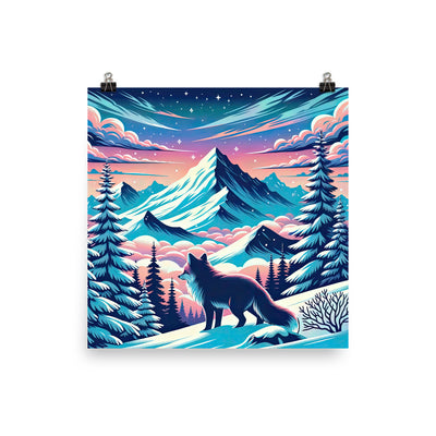 Vektorgrafik eines alpinen Winterwunderlandes mit schneebedeckten Kiefern und einem Fuchs - Poster camping xxx yyy zzz 25.4 x 25.4 cm