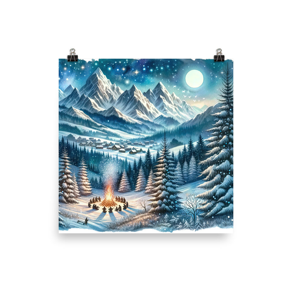 Aquarell eines Winterabends in den Alpen mit Lagerfeuer und Wanderern, glitzernder Neuschnee - Poster camping xxx yyy zzz 25.4 x 25.4 cm