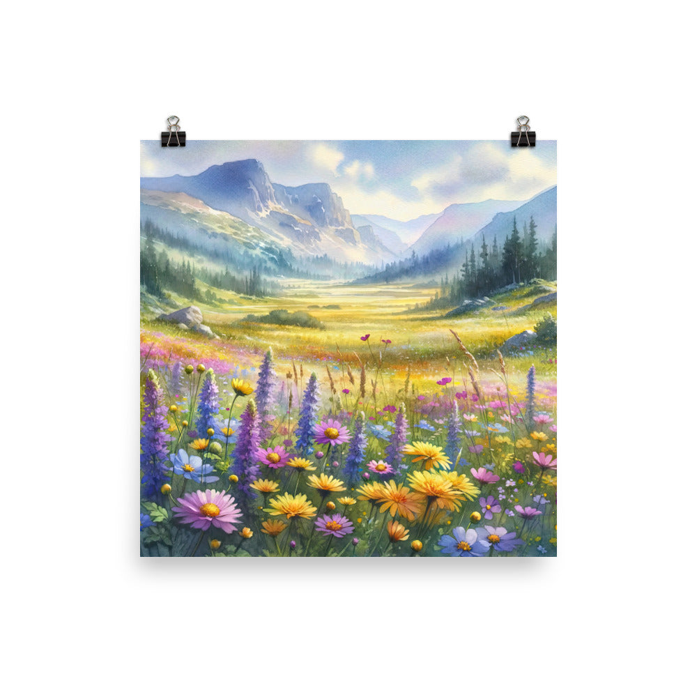 Aquarell einer Almwiese in Ruhe, Wildblumenteppich in Gelb, Lila, Rosa - Poster berge xxx yyy zzz 25.4 x 25.4 cm