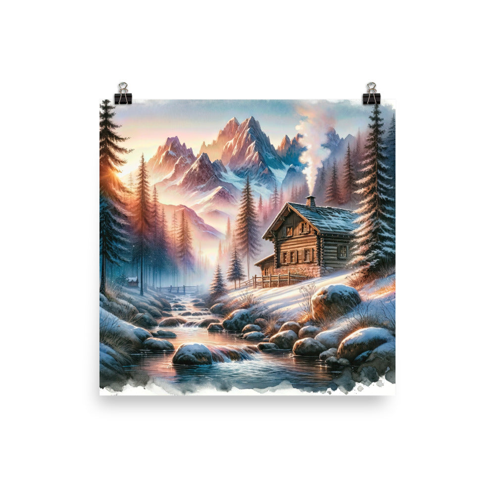 Aquarell einer Alpenszene im Morgengrauen, Haus in den Bergen - Poster berge xxx yyy zzz 25.4 x 25.4 cm