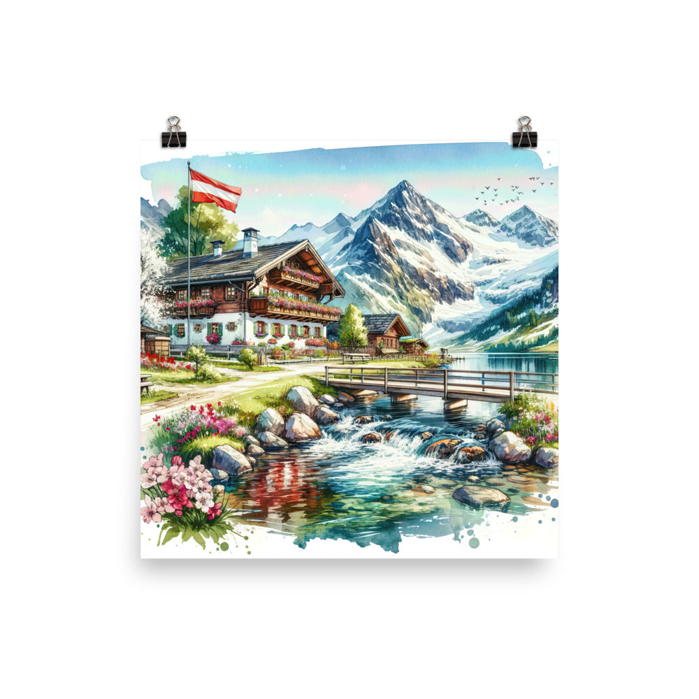 Aquarell der frühlingshaften Alpenkette mit österreichischer Flagge und schmelzendem Schnee - Poster berge xxx yyy zzz 25.4 x 25.4 cm