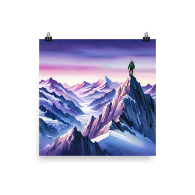 Aquarell eines Bergsteigers auf einem Alpengipfel in der Abenddämmerung - Poster wandern xxx yyy zzz 25.4 x 25.4 cm