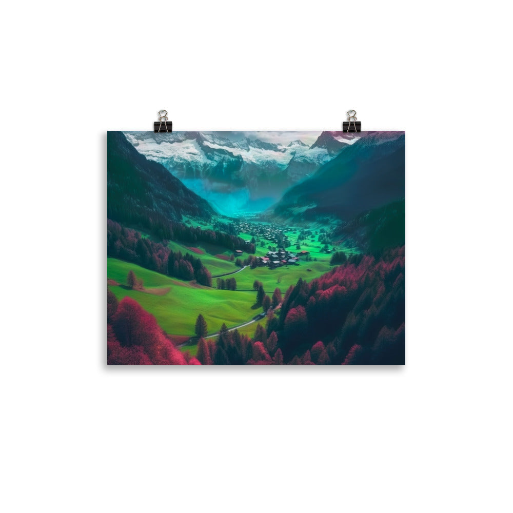 Berglandschaft und Dorf - Fotorealistische Malerei - Poster berge xxx 27.9 x 35.6 cm