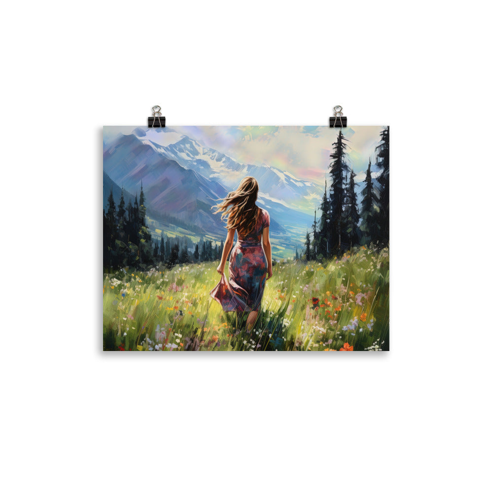 Frau mit langen Kleid im Feld mit Blumen - Berge im Hintergrund - Malerei - Poster berge xxx 27.9 x 35.6 cm